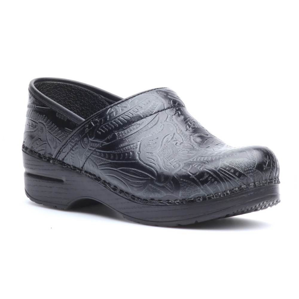 Dansko Black Tooled Leather Clogs
